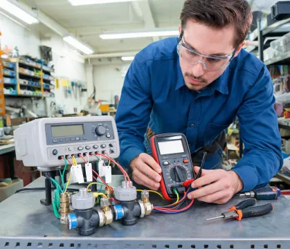 Engineer testing timer controls and valve wiring