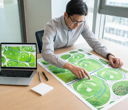 Irrigation product planner reviewing a lawn zone map
