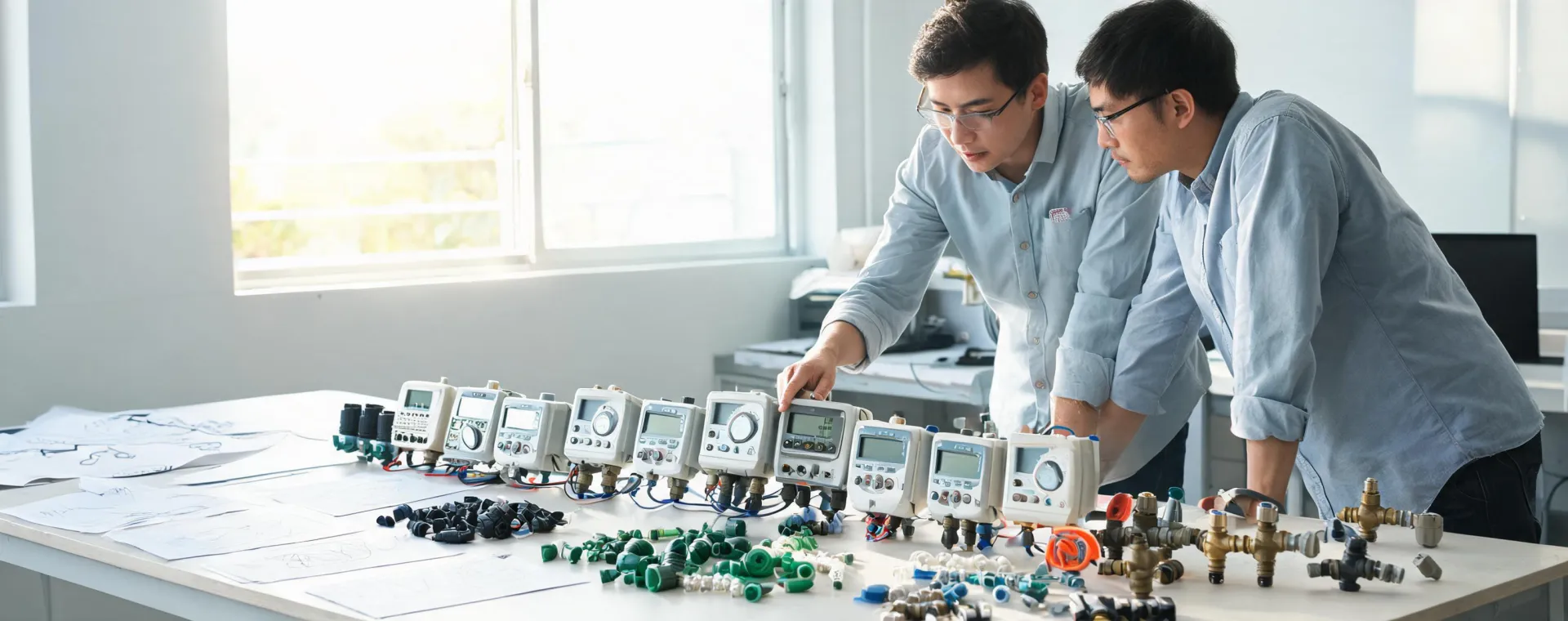 Orbit team reviewing irrigation prototypes on a workshop table