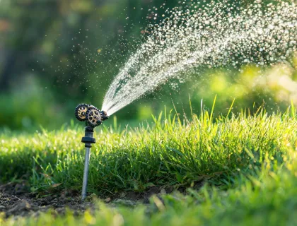 Gear drive sprinkler on spike watering a lawn edge