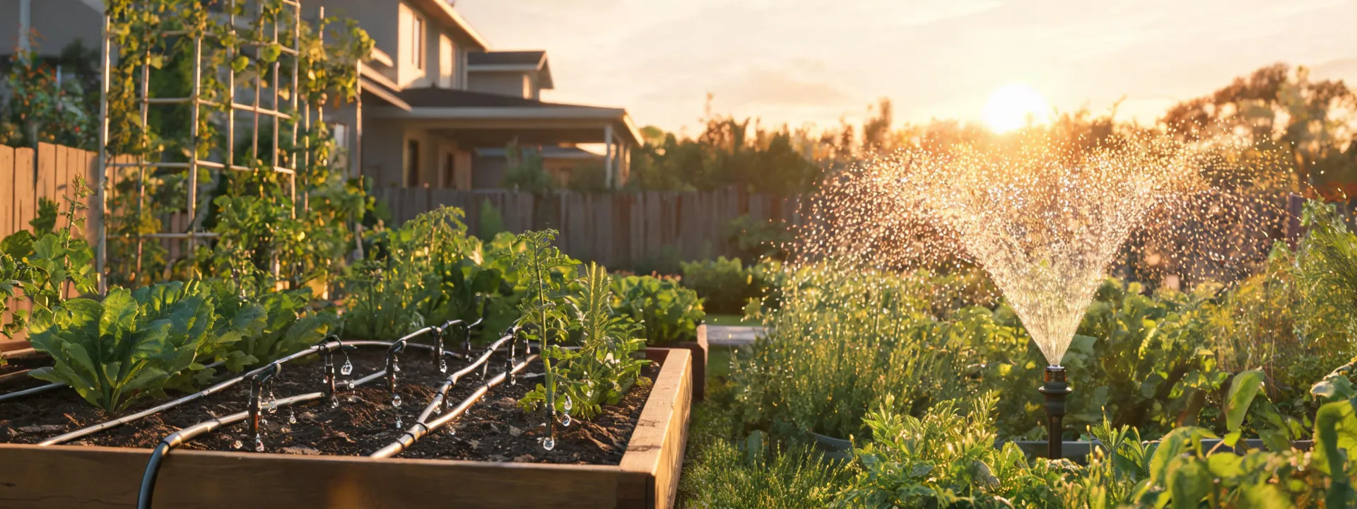 Watering system running across a healthy home garden