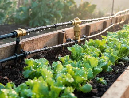 Drip tubing and emitters feeding raised vegetable beds