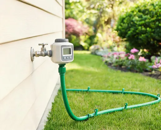 One dial hose timer connected to an outdoor spigot