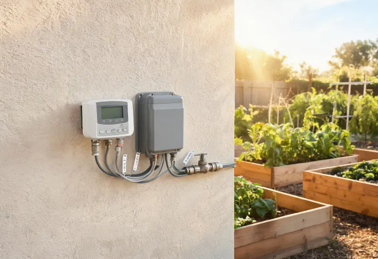 Smart sprinkler timer mounted beside a garden valve box
