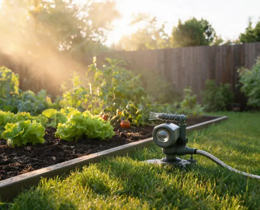 Motion activated sprinkler protecting a vegetable bed