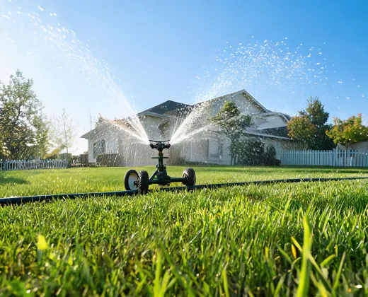 Traveling sprinkler on hose path across lawn
