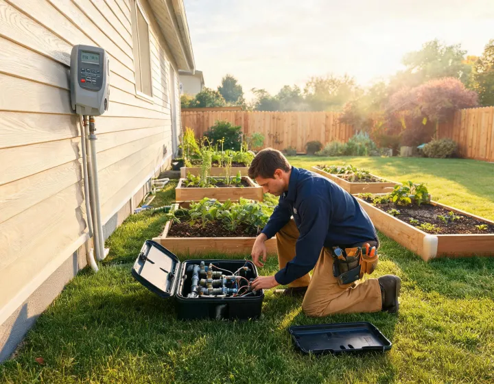 Installer checking sprinkler zones near raised beds