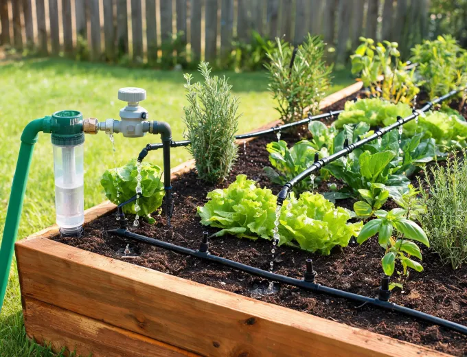 Drip irrigation kit feeding a mixed raised bed